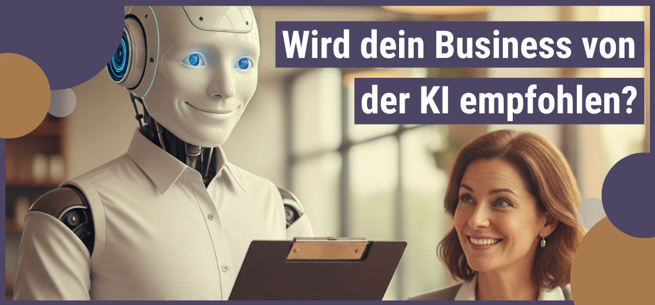 Ein KI Roboter empfiehlt einer Geschäftsfrau eine Website