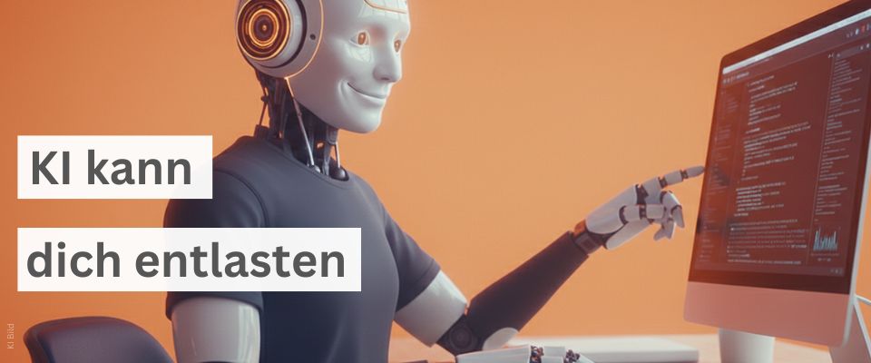 Ein KI Assistent sitz am PC und entlastet dich bei der Büroarbeit